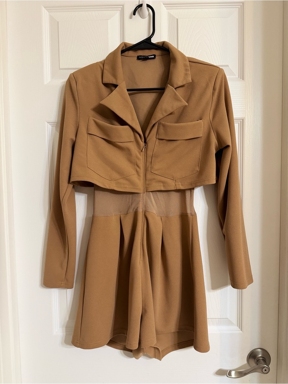 Fashion Nova Camel Brown Cropped Romper Jumpsuit